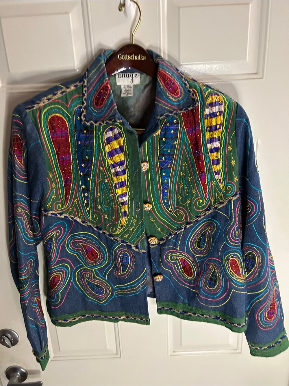 Vintage Anage Multicolor Embroidered Boho Jacket with Beaded & Crystal Buttons.